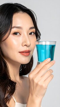Mujer sosteniendo un vaso con bebida azul sobre fondo claro