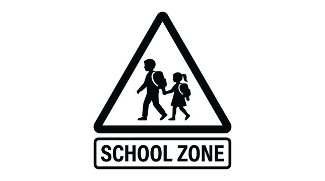 School zone sign with children silhouettes black and yellow warning triangle silhouette