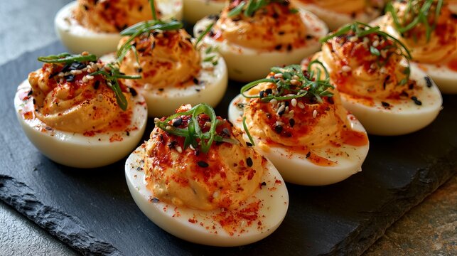 Spicy deviled eggs arranged on a dark slate surface, showcasing vibrant flavors, representing a delicious appetizer concept