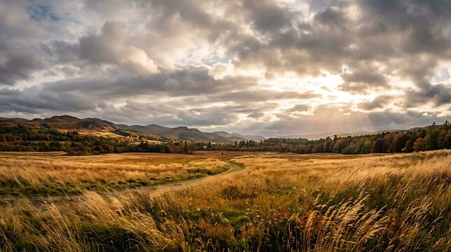 Golden hour landscape showcasing vast open field with rolling hills under dramatic cloud formations
