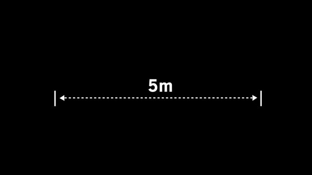Animated measurement featuring a five meter distance indicator with dashed arrows and vertical boundary lines on a clean black background, for technical diagrams, architectural plans, and