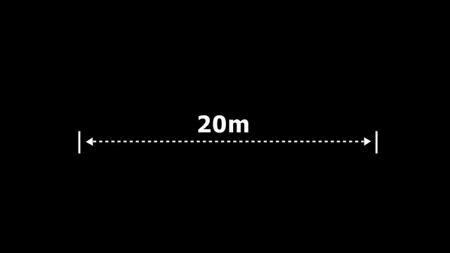 Animated 20m distance measurement overlay featuring a precise horizontal dimension line with arrows and text for engineering, architectural blueprints, technical schematics, and construction projects