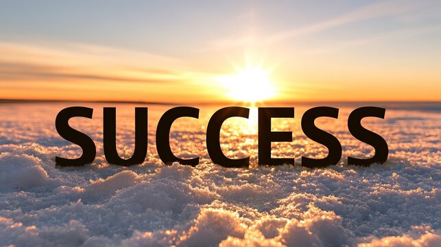 Radiant sunrise illuminates snowy landscape, showcasing word 'success' inspiring optimism, ambition, and future achievement