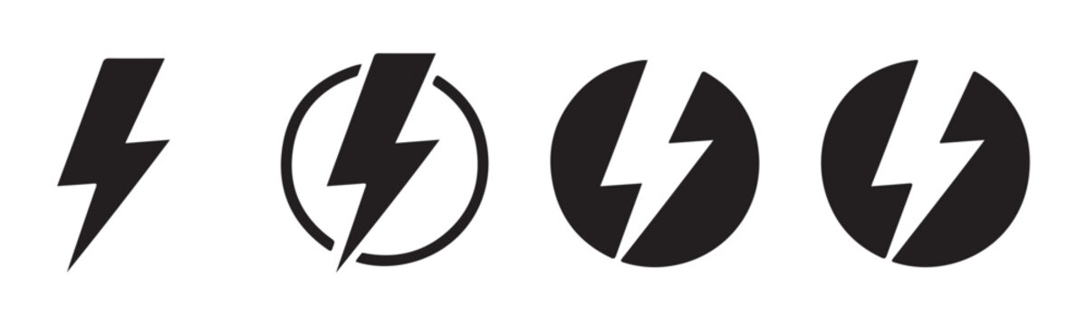 Circle lightning bolt icons set with black stroke and solid shapes for electric power logo designs.