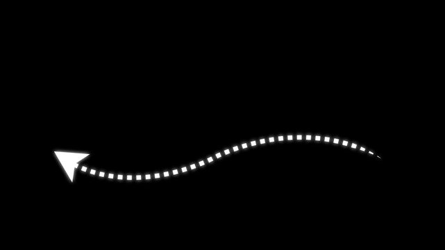 Animated white dotted s-curve path with arrowhead pointer overlay for motion editing, instructional tutorials, and digital presentations on a transparent alpha channel background