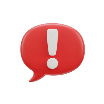 Red speech bubble icon with a white exclamation mark isolated on transparent background