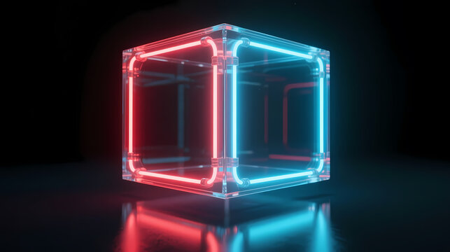 Neon cube frame with red and blue edges