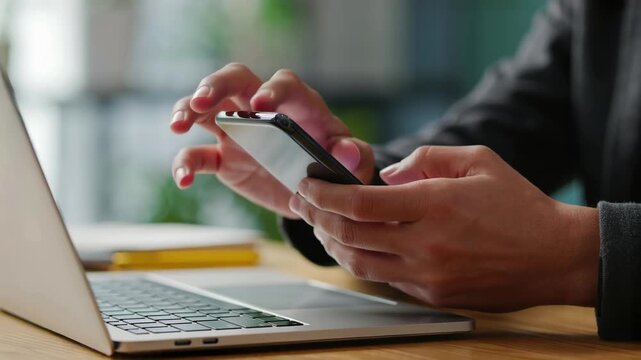 Person Multitasking with Laptop and Smartphone on Wooden Desk in Modern Office Setting Cinematic Close up Shot