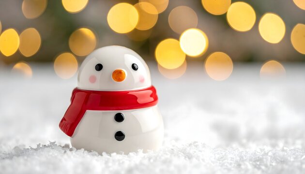 Mu&ntilde;eco de nieve con bufanda roja sobre nieve y luces doradas desenfocadas