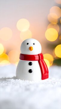 Mu&ntilde;eco de nieve peque&ntilde;o con bufanda roja sobre nieve y luces doradas