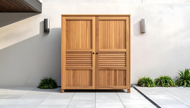 Puerta doble de madera en fachada blanca con dise&ntilde;o minimalista