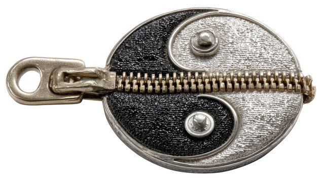 Stylized Yin and Yang symbol with zipper running across center, symbolizing perfect balance and harmony. design features contrasting black and white sections with metallic elements., isolated