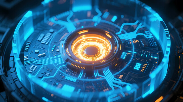 Futuristic circular mechanical device with orange and blue glow