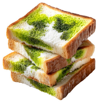 Moldy sliced bread with green and white fungus patches, showing decay and spoilage. bread is stacked, highlighting vibrant mold growth., isolated