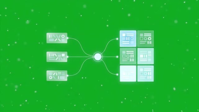 Data processing animation with node connection and grid layout on green screen background