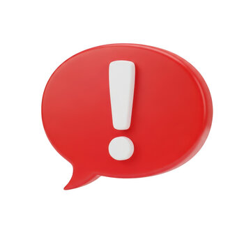 Red speech bubble icon with a white exclamation mark isolated on transparent background