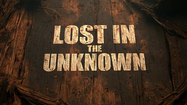 Gritty wooden textured surface displaying bold typography of lost in the unknown, evocative for mystery and adventure concepts