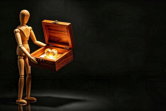 Wooden Mannequin Presenting Glowing Crystal Heart in Luxury Box &mdash; Love, Precious Gift and Inner Value