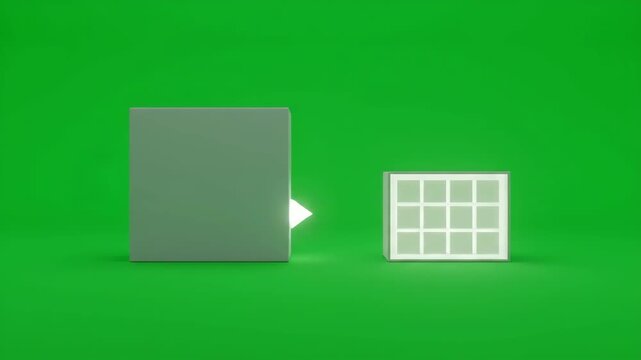 Data compression animation showing cubes moving into a smaller storage box on green background