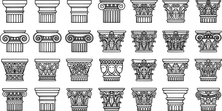 Classical column capital icon set in outline style including Doric, Ionic, Corinthian and ornamental architectural pillars.