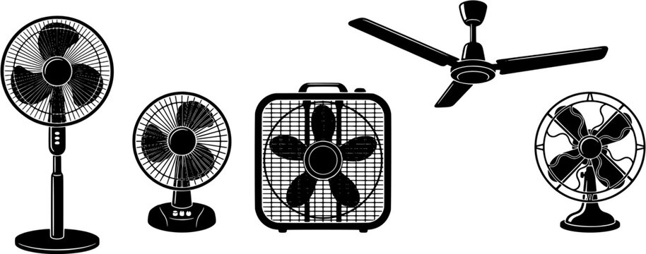 Fan icon set in a simple black silhouette style including standing pedestal fan, desk fan, box fan, ceiling fan and vintage table fan.