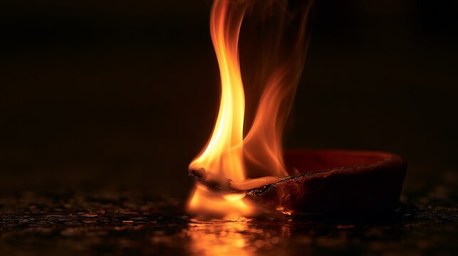 Burning candle wick against dark surface, displaying a warm flame, symbolizing hope, warmth, and quiet moments of reflection