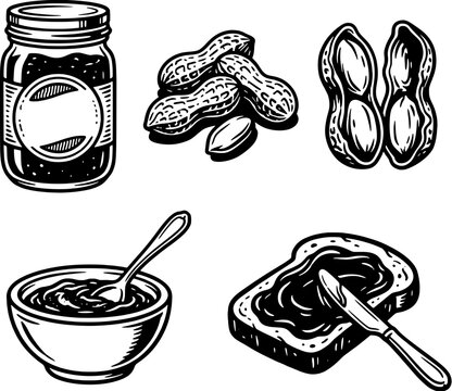 Peanut butter icon and illustration set including jar, peanuts, open pod, bowl with spoon and spread on toast in black and white hand drawn style.