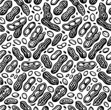 Peanut seamless pattern in black and white hand drawn outline vector style including whole nuts, kernels and shells.