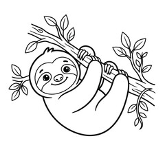 Fototapeta premium Cute cartoon sloth hanging on a tree branch black and white line drawing