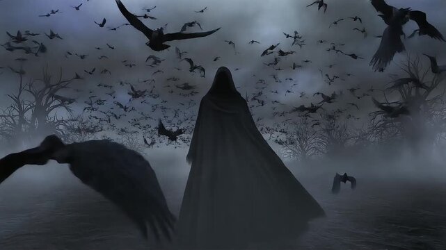 Hooded dark figure standing in misty forest with swarm of black flying birds motion animation for horror themed video footage