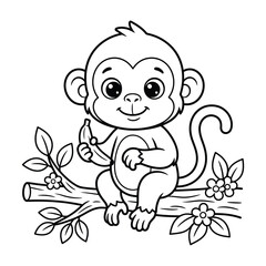 Obraz premium Cute little monkey sitting on a tree branch holding a banana coloring page
