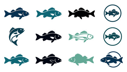 Fototapeta premium Bass Fish Icon Set with Fishing Silhouette Logos Badges and Sea Wildlife Symbols for Angling Tournaments Outdoor Sports and Seafood Market Branding