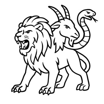 Symbolic Illustration of a Lion, Goat and Snake Combined in a Single Emblem with Line Art Style for Cultural or Mythology Representation