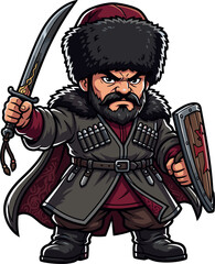 Fototapeta premium A pixel art illustration of a warrior figure with a large fur hat, holding a sword and shield. The character wears traditional clothing with bandoliers, depicted in a ready-for-battle stance.