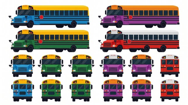 Set of colorful school bus transport vehicles in side and front views with transport colorful transportation education