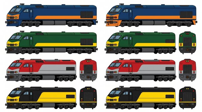 Modern diesel locomotives and passenger train engines in multiple color schemes with locomotive transport railroad