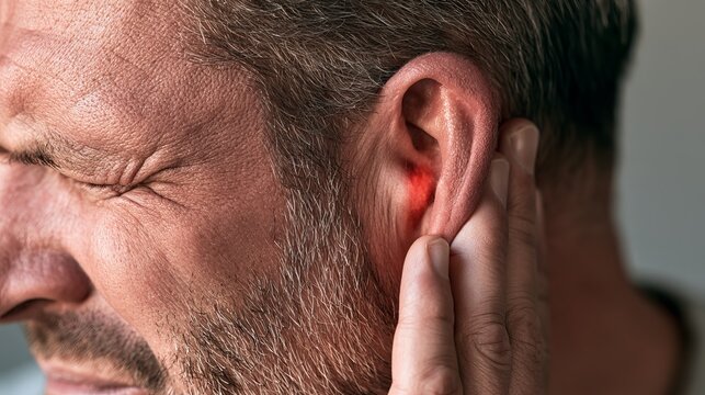 Close-up view of a man gently touching his ear, showcasing skin texture and reddish tones, representing health concept