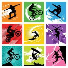 Obraz premium Extreme sports silhouettes collection featuring athletes doing skateboarding motocross skiing climbing surfing and cycling. vector illustration