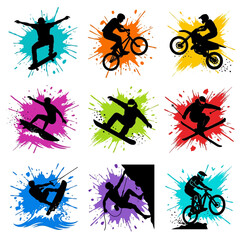 Obraz premium A dynamic set of extreme sports silhouettes featuring skateboarding, BMX cycling, motocross, snowboarding, skiing, wakeboarding, and climbing with colorful paint splash backgrounds.