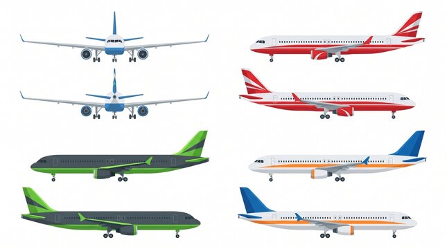 Commercial passenger jet airplanes seen from front and side profiles with airplane aircraft passenger commercial