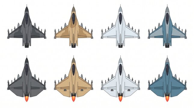 Set of modern multirole fighter aircraft in diverse camouflage patterns and viewing angles with military