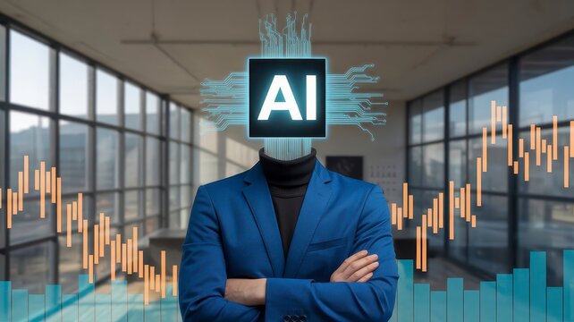 Artificial intelligence businessman with AI chip head, financial trading charts and data analysis, futuristic digital economy concept