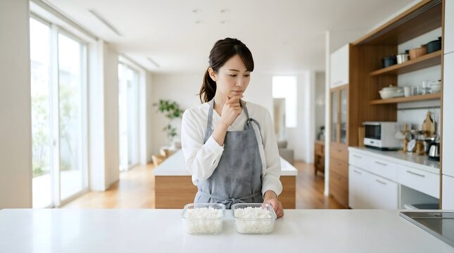 Thoughtful Japanese woman in kitchen preparing cooked white rice meal prep