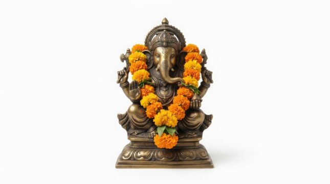 Bronze Ganesha idol adorned with a vibrant orange marigold flower garland