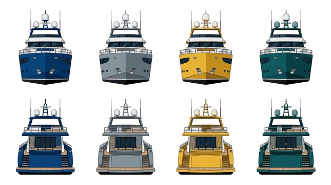 Collection of luxury motor yachts in various colors shown from different angles with motorboat nautical transport