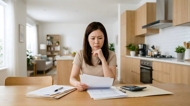 Stressed Asian woman reviewing household bills and financial documents at home