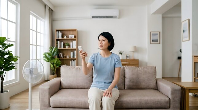 Asian woman using air conditioner remote control in living room
