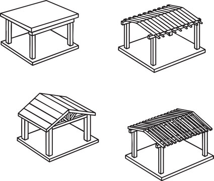 Set of four isometric architectural drawings of garden gazebo
