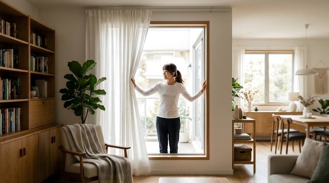 Smiling Asian Woman Opening Curtains In Modern Living Room