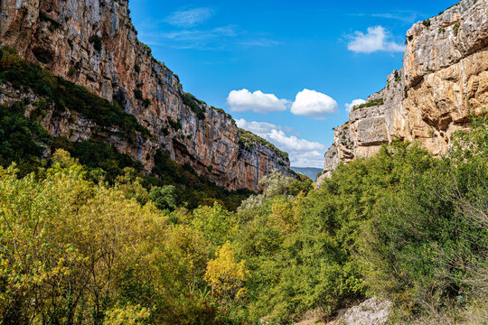 Walking through the Foz de Lumbier canyon in the Aragon Pyrenees. Spain. Europe.